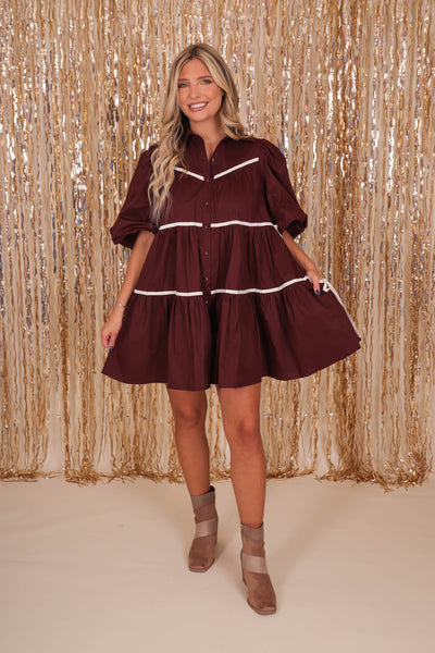 Women's Maroon Button Down Dress- Chic High End Dress with Bubble Sleeves- Sofie The Label Dress