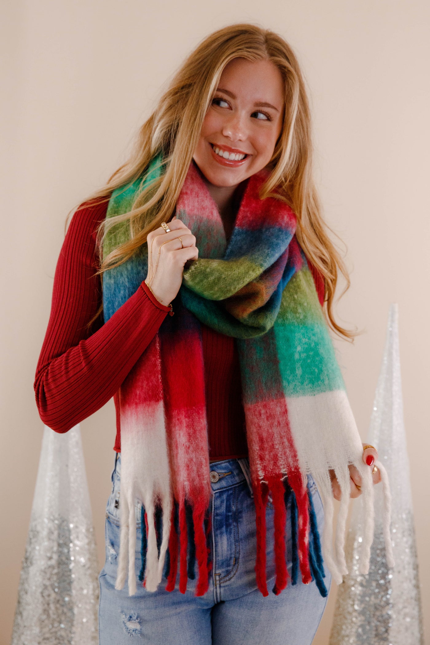 Multi Color Plaid Winter Scarf- Oversized Fuzzy Scarf- Blanket Scarf For Winter