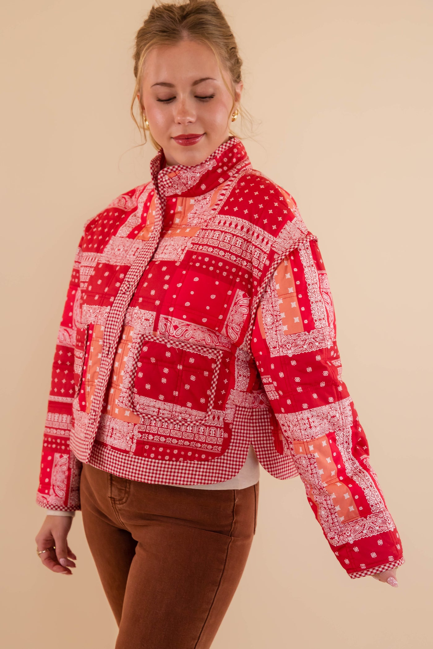 Red Bandana Quilted Jacket- Bandana Patch Work Quilted Jacket- &Merci Red Quilted Jacket