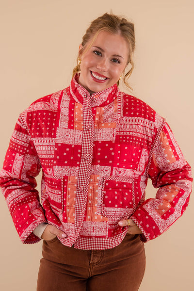Red Bandana Quilted Jacket- Bandana Patch Work Quilted Jacket- &Merci Red Quilted Jacket