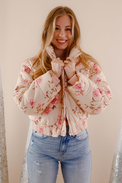 Blush Pink Floral Puffer Jacket- Women's Floral Print Jacket- Storia Pink Puffer Coat