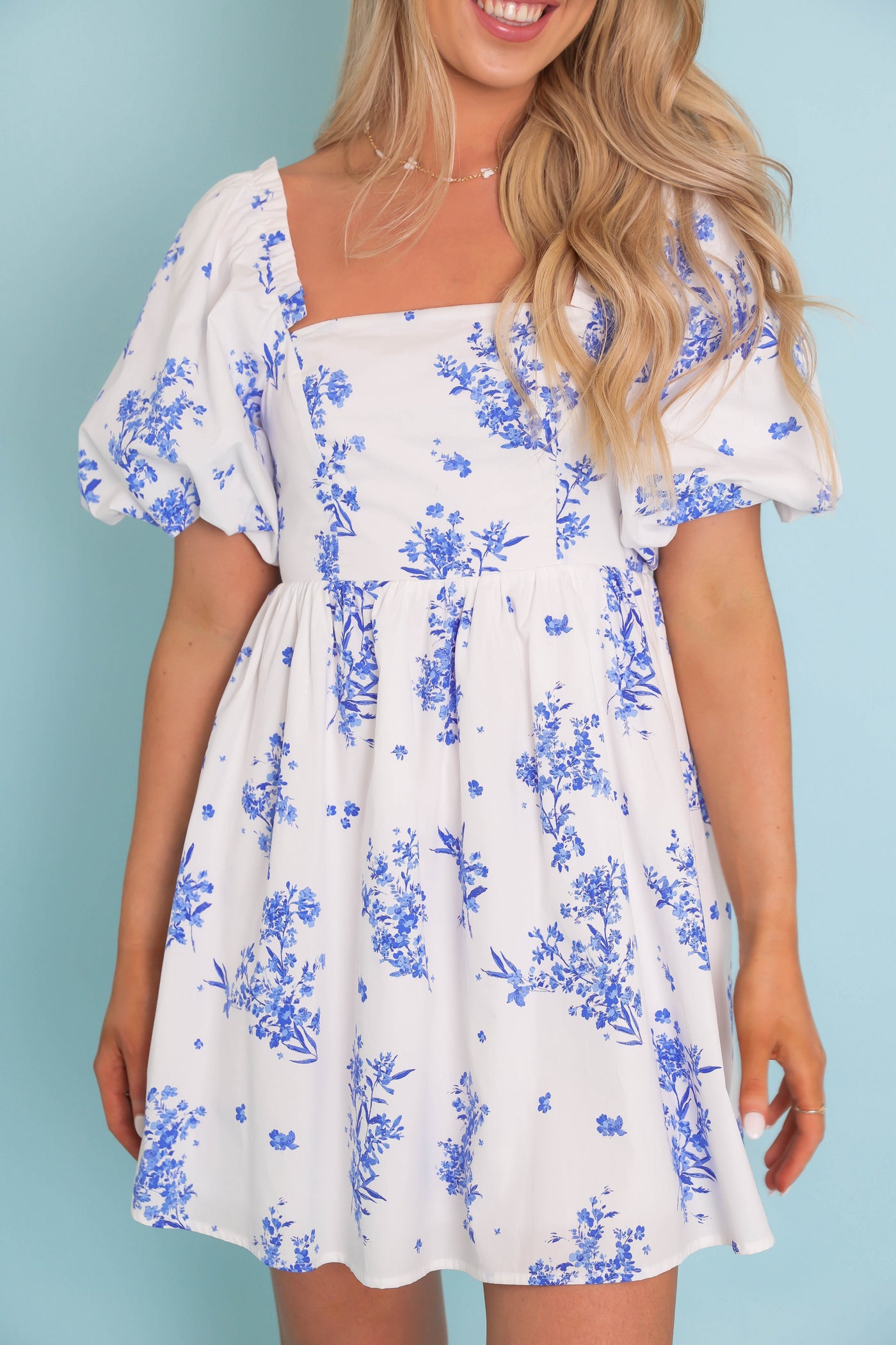 Puff Sleeve Babydoll Mini Dress- Women's Blue and White Floral Dress- SugarLips Mini Dress