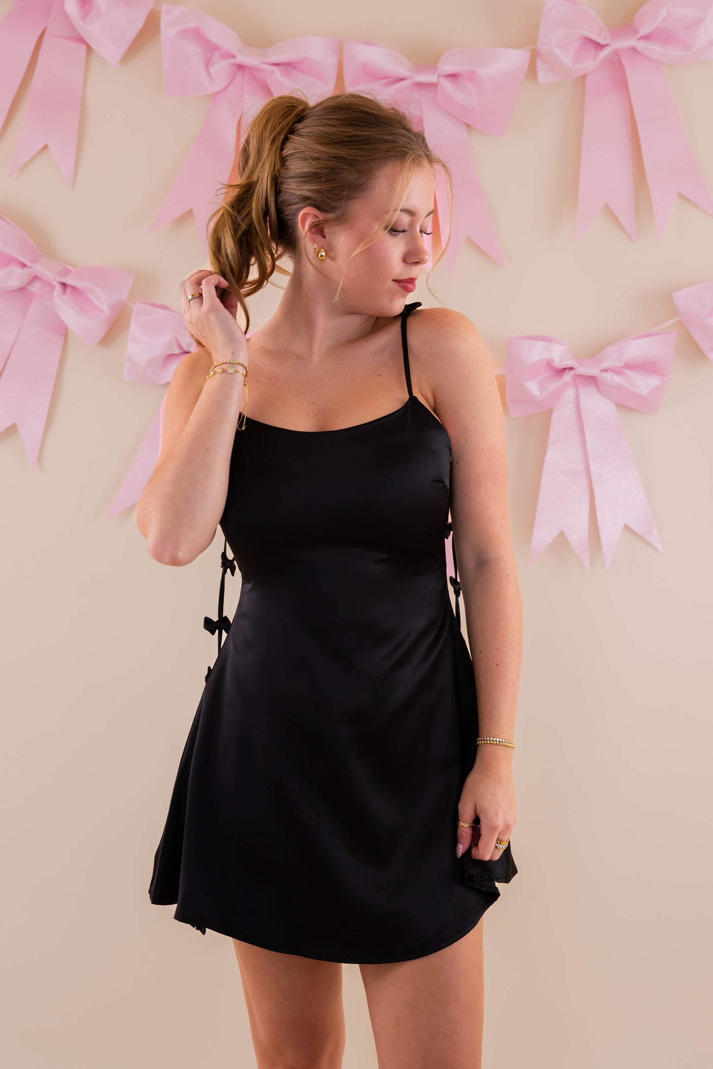 Little Black Dress With 3D Bow Straps- Black Mini Flare Dress- Lena Black Satin Dress