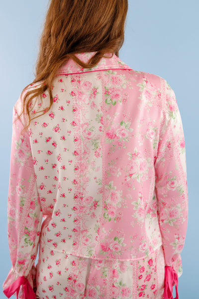 Women's Pink Bow Pajama Top- Floral Print Pajama Set- Women's Satin Pajama Short Set