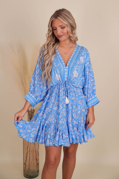 Flowy Fun Blue Dress- Paisley Print Dress- Mini Dresses- Aakaa Dress