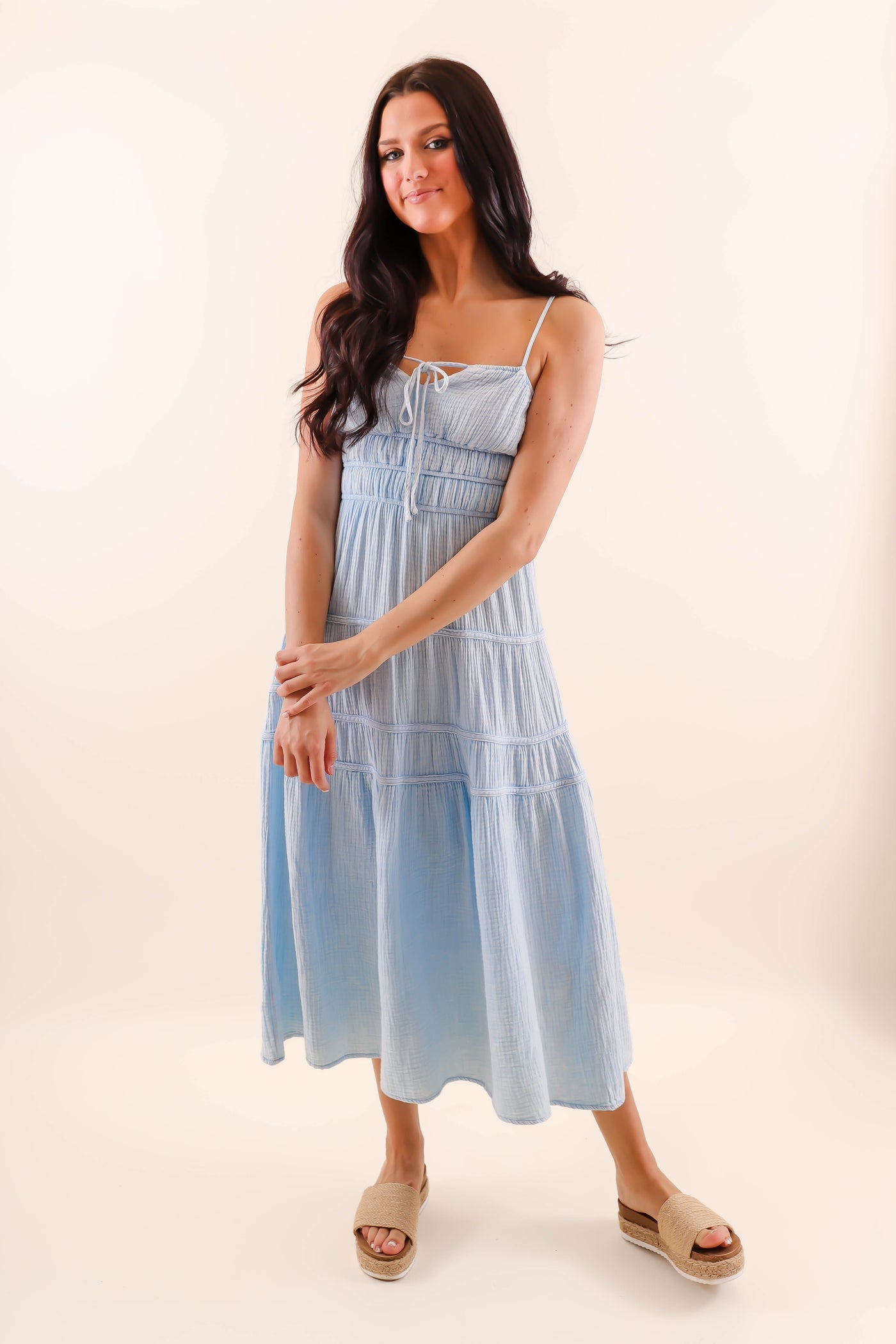 Light Blue Mineral Wash Midi Dress- Comfortable Cotton Gauzy Dress- She + Sky Mineral Wash Dress