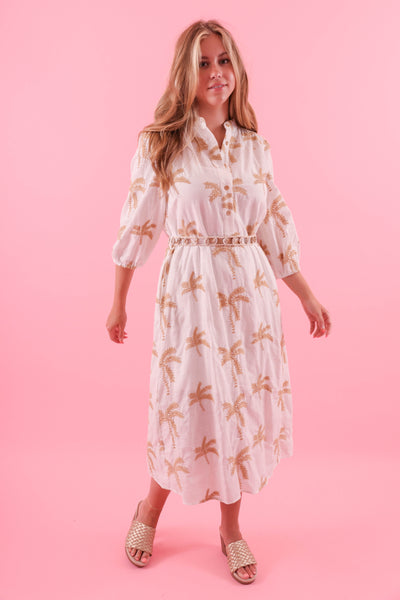 Embroidered Linen Midi Dress- Women's Palm Tree Dress- Ellison Dresses