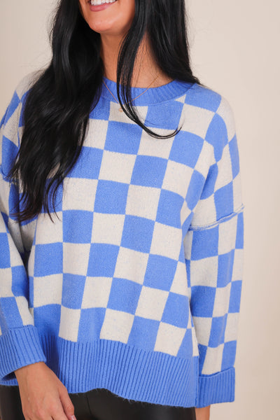 Women's Trendy Sweaters- Women's Blue and White Check Sweater- Women's Oversized Knit Sweater