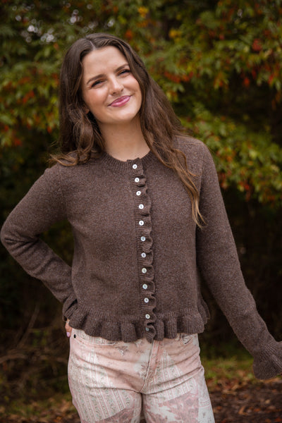Textured Frill Detail Cardigan- Women's Brown Ruffle Cardigan- Women's Tailored Fit Cardigan