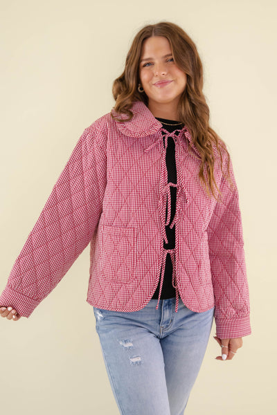 Women's Red Gingham Quilted Jacket- Vintage Style Jackets- Women's Ruffle Collar Jacket