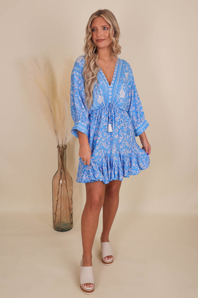 Flowy Fun Blue Dress- Paisley Print Dress- Mini Dresses- Aakaa Dress