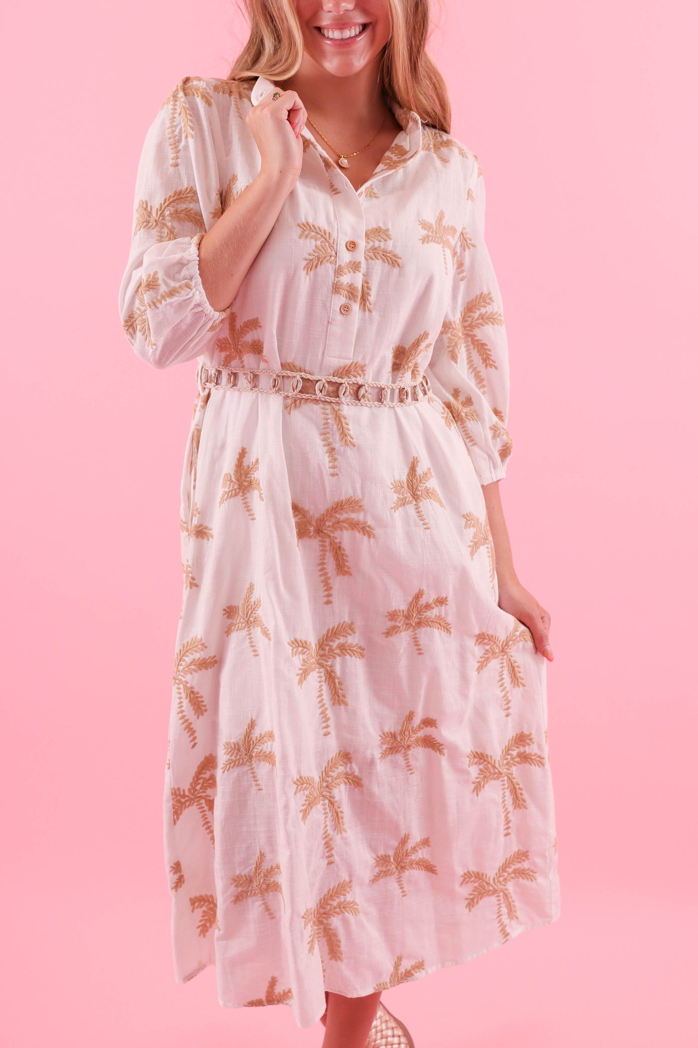 Embroidered Linen Midi Dress- Women's Palm Tree Dress- Ellison Dresses