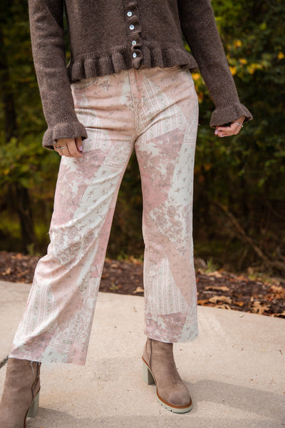 Wide Leg Paisley Print Jeans- Women's Pink Statement Jeans- Easel Denim
