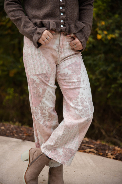 Wide Leg Paisley Print Jeans- Women's Pink Statement Jeans- Easel Denim