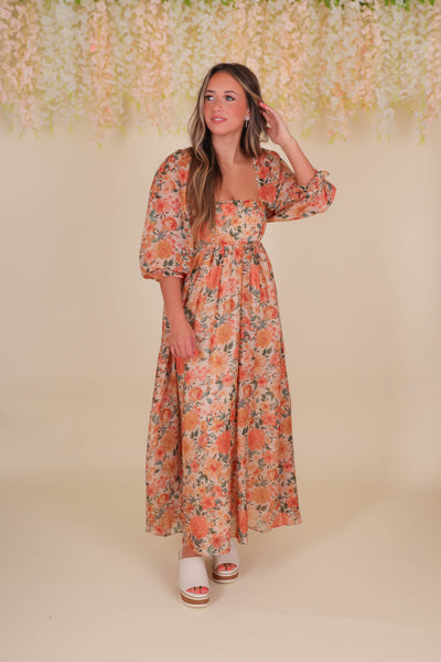 Women's Fall Floral Midi Dress- Beautiful Midi Dress- Storia Flower Dress