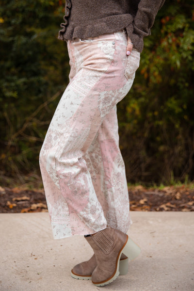 Wide Leg Paisley Print Jeans- Women's Pink Statement Jeans- Easel Denim