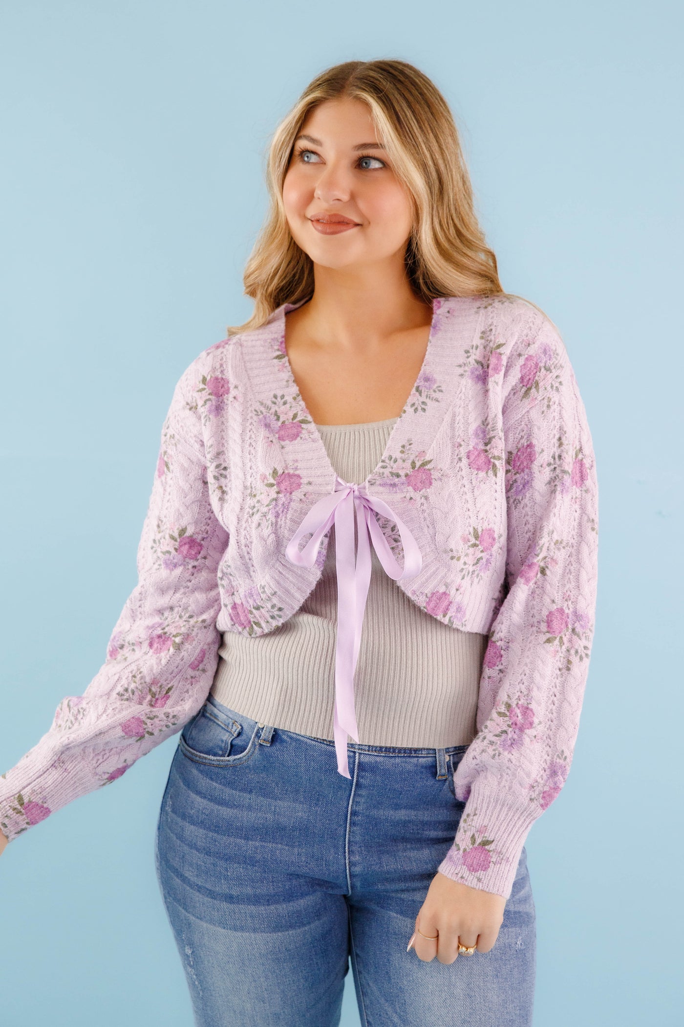 Satin Ribbon Cardigan- Women's Purple Floral Cardigan- Women's Luxury Sweaters