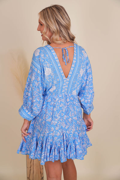 Flowy Fun Blue Dress- Paisley Print Dress- Mini Dresses- Aakaa Dress