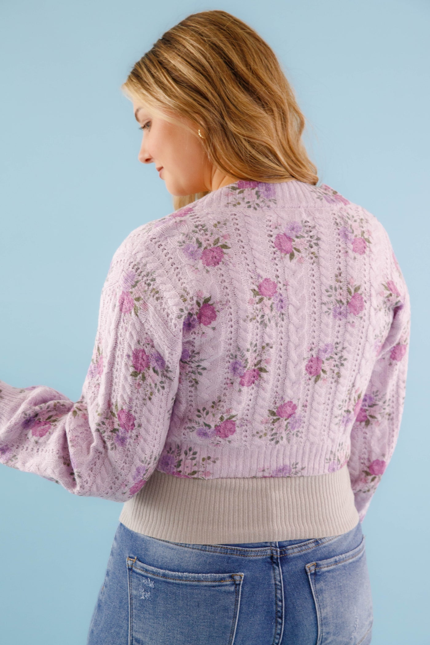 Satin Ribbon Cardigan- Women's Purple Floral Cardigan- Women's Luxury Sweaters