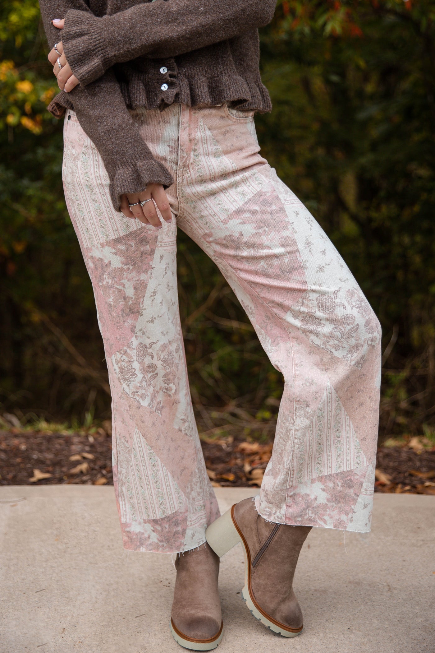 Wide Leg Paisley Print Jeans- Women's Pink Statement Jeans- Easel Denim