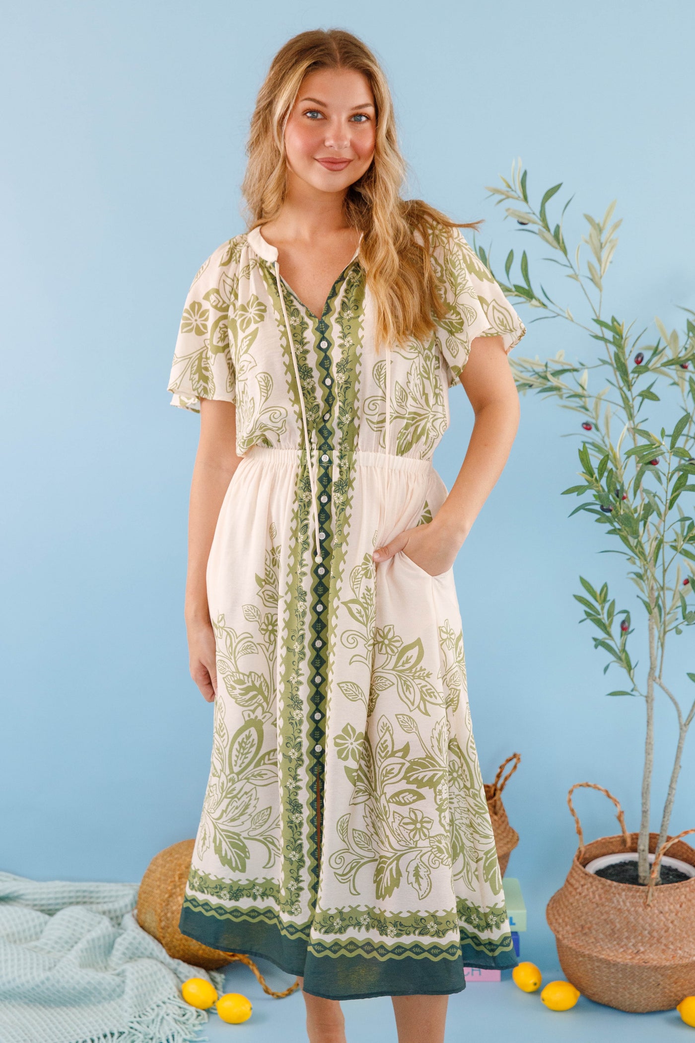 Women's Neutral Boho Dress- Women's Lightweight Summer Dress- Skies Are Blue Midi Dress