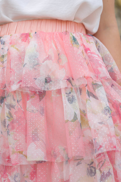 Ruffled Tulle Midi Skirt- Floral Print Midi Skirt- En Creme Pink Midi Skirt