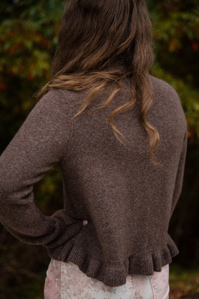 Textured Frill Detail Cardigan- Women's Brown Ruffle Cardigan- Women's Tailored Fit Cardigan
