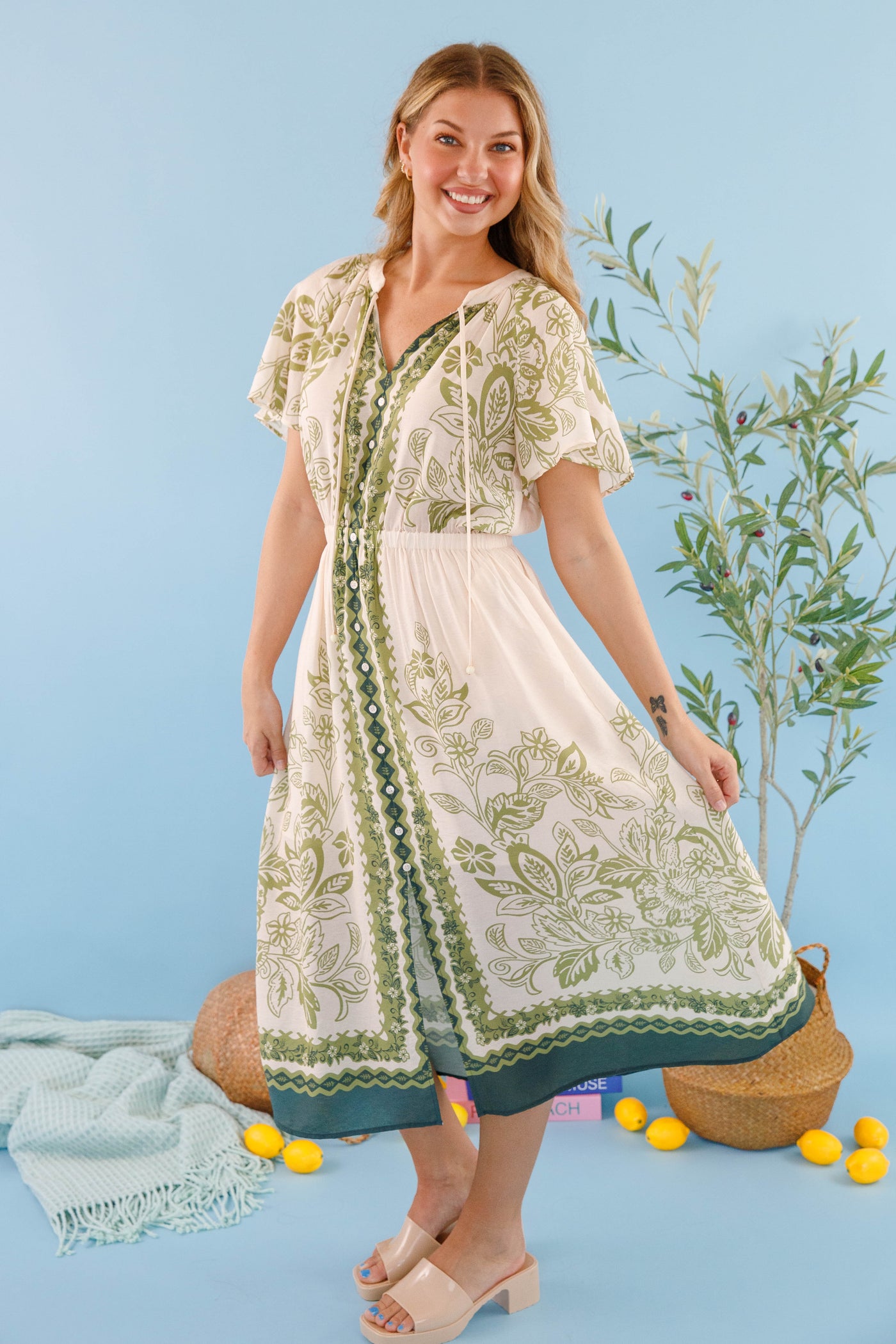 Women's Neutral Boho Dress- Women's Lightweight Summer Dress- Skies Are Blue Midi Dress