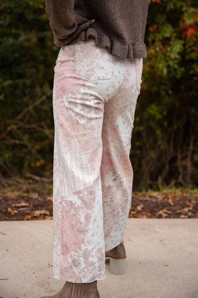 Wide Leg Paisley Print Jeans- Women's Pink Statement Jeans- Easel Denim