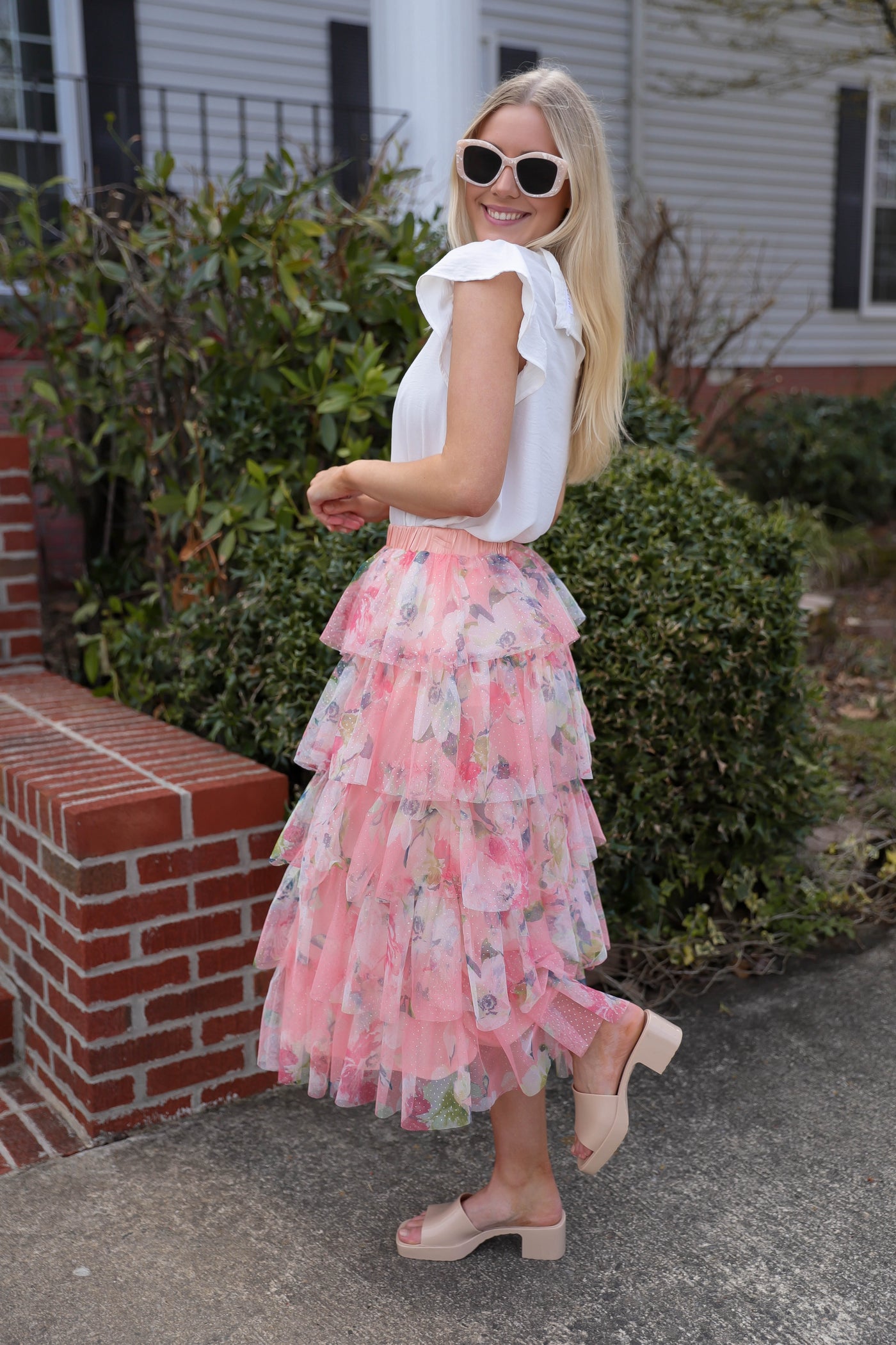 Ruffled Tulle Midi Skirt- Floral Print Midi Skirt- En Creme Pink Midi Skirt