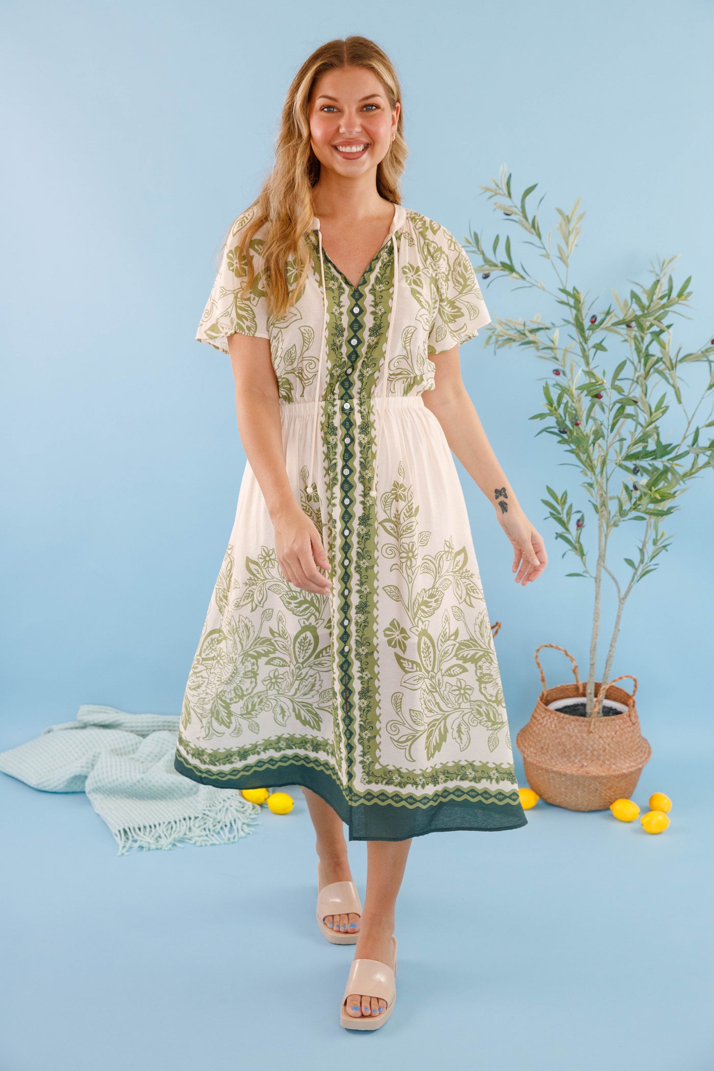 Women's Neutral Boho Dress- Women's Lightweight Summer Dress- Skies Are Blue Midi Dress