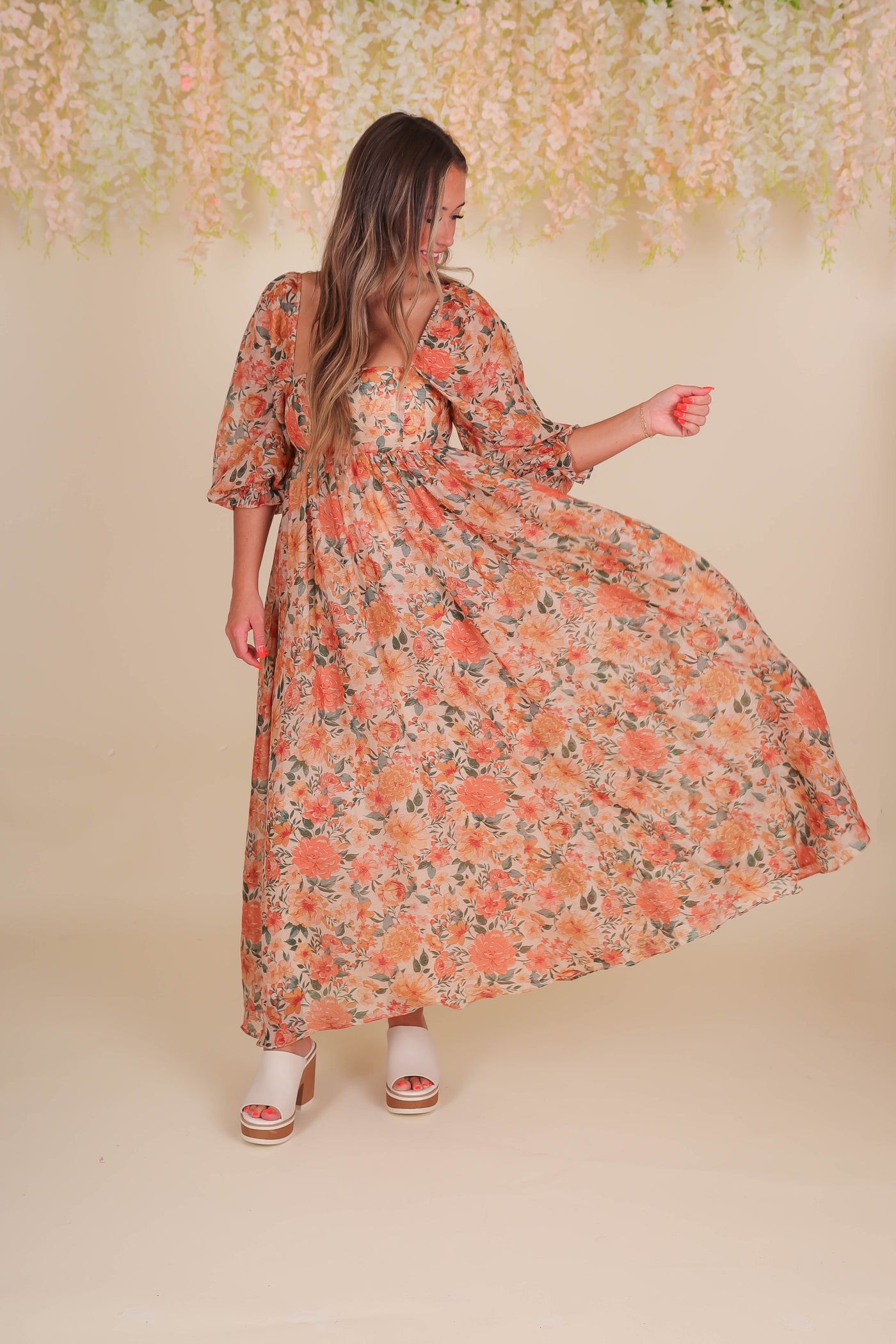 Women's Fall Floral Midi Dress- Beautiful Midi Dress- Storia Flower Dress