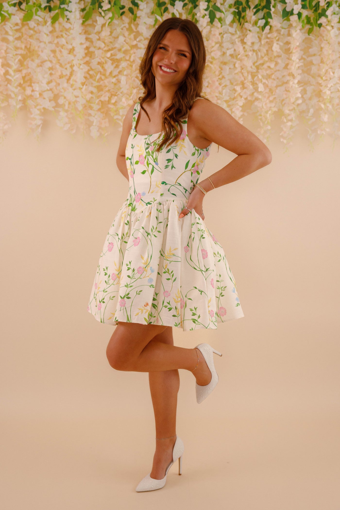 Feminine Silhouette Floral Mini Dress- Women's Colorful Flower Fit and Flare Dress