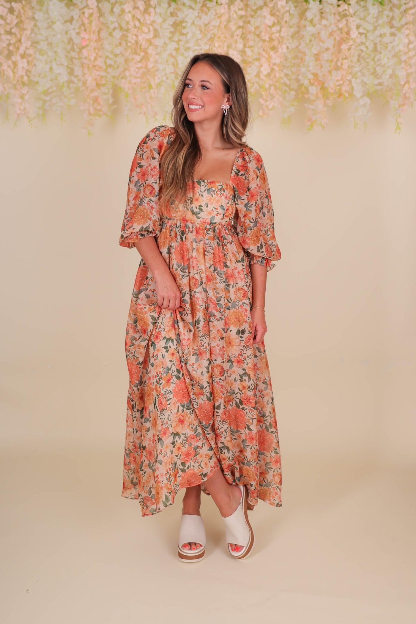Women's Fall Floral Midi Dress- Beautiful Midi Dress- Storia Flower Dress