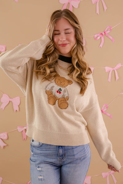 Women's Beige Teddy Bear Sweater- Women's Affordable Teddy Bear Knit Sweaters