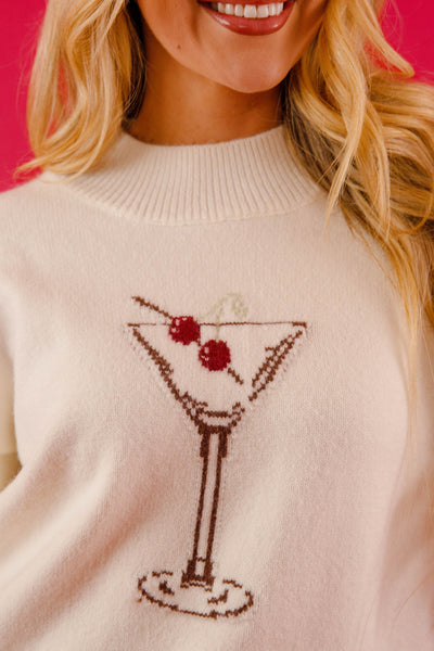 Women's Cherry Martini Graphic Sweater- Martini Mockneck Sweater- Fun Holiday Outfits for Women