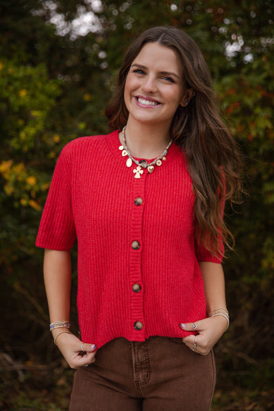Short Sleeve Cardigan Sweater- Women's Red Knit Cardigan- Ultra Soft Sweaters for Women