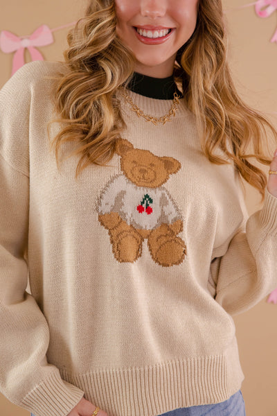 Women's Beige Teddy Bear Sweater- Women's Affordable Teddy Bear Knit Sweaters