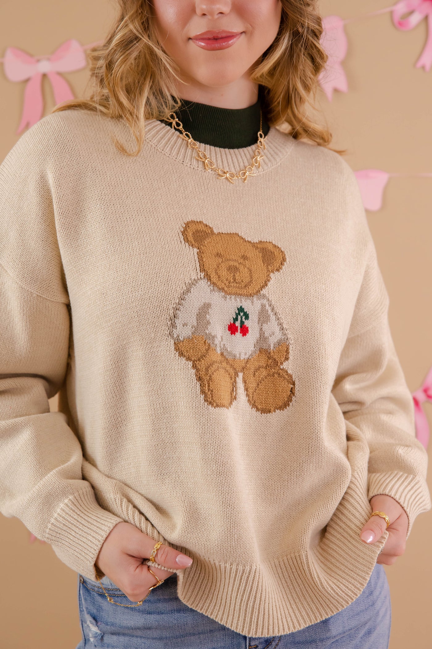 Women's Beige Teddy Bear Sweater- Women's Affordable Teddy Bear Knit Sweaters