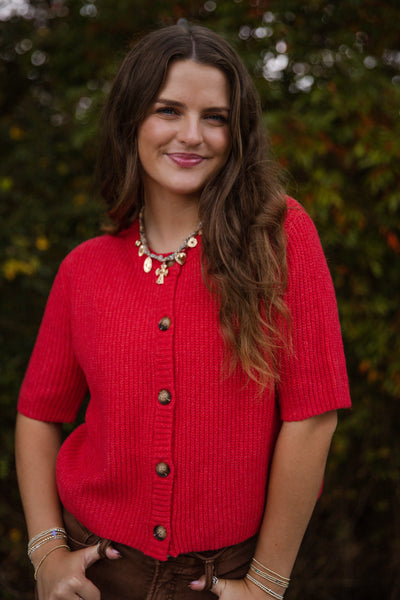 Short Sleeve Cardigan Sweater- Women's Red Knit Cardigan- Ultra Soft Sweaters for Women