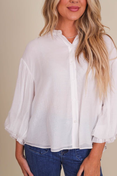 Puff Sleeve Button Down Blouse- Women's Preppy Tops- FATE Button Down Blouse