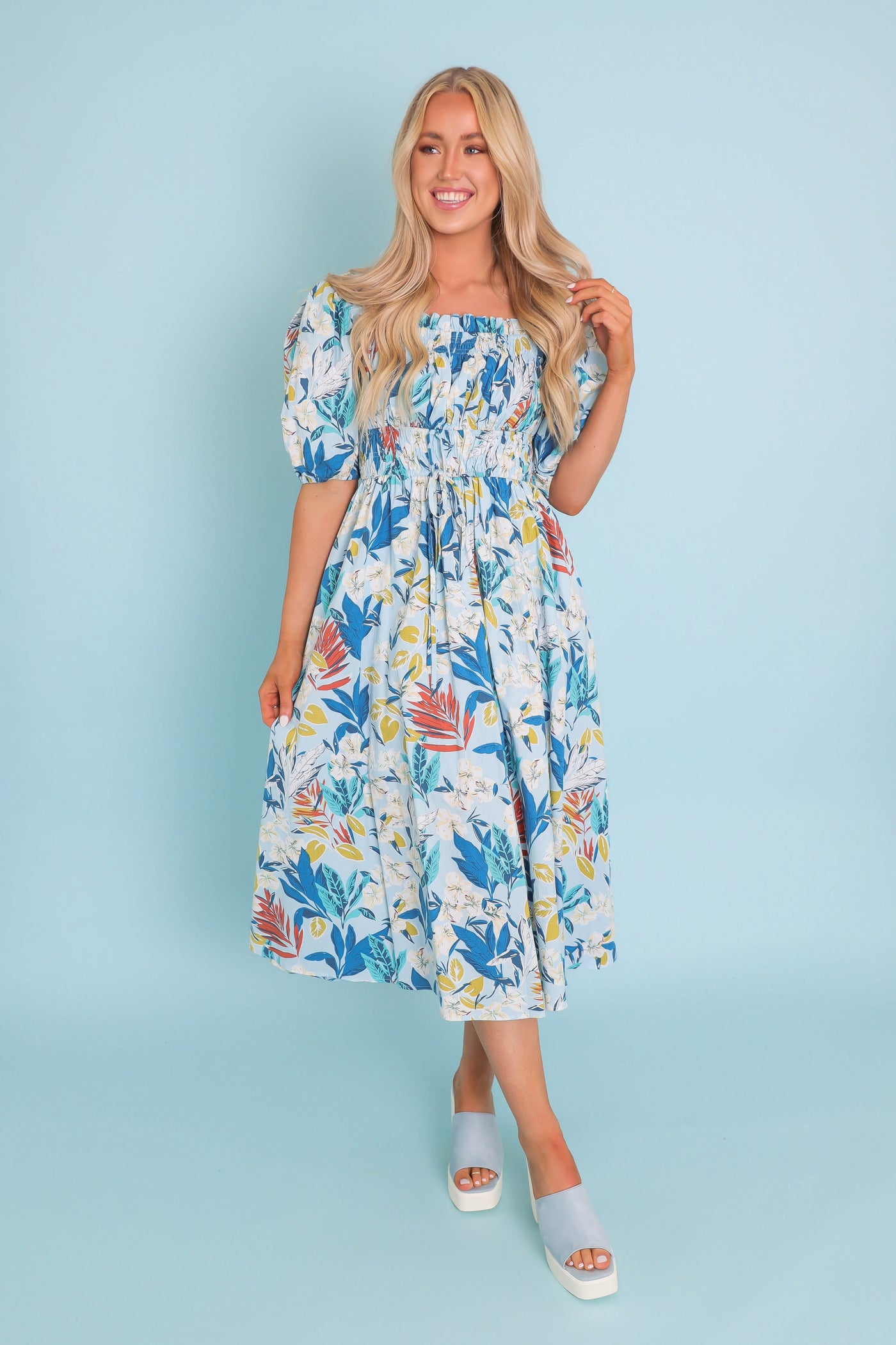 Women's Tropical Print Midi Dress- Women's Puff Sleeve Midi Dress- &Merci Printed Dresses