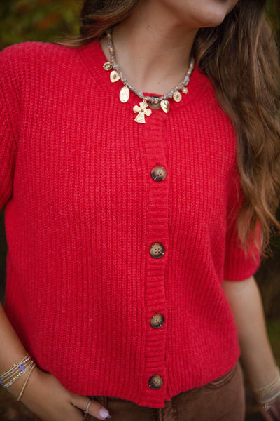 Short Sleeve Cardigan Sweater- Women's Red Knit Cardigan- Ultra Soft Sweaters for Women