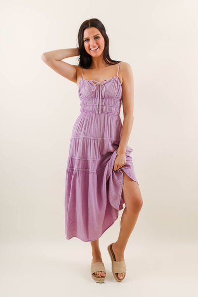 Purple Mineral Wash Midi Dress- Comfortable Cotton Gauzy Dress- She + Sky Mineral Wash Dress