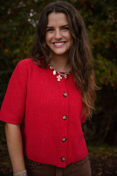 Short Sleeve Cardigan Sweater- Women's Red Knit Cardigan- Ultra Soft Sweaters for Women