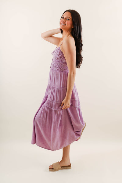 Purple Mineral Wash Midi Dress- Comfortable Cotton Gauzy Dress- She + Sky Mineral Wash Dress