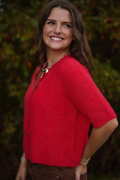 Short Sleeve Cardigan Sweater- Women's Red Knit Cardigan- Ultra Soft Sweaters for Women