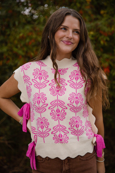 Pink Flower Sweater Vest- Women's Side Bow Sweater Vest- &Merci Sweaters