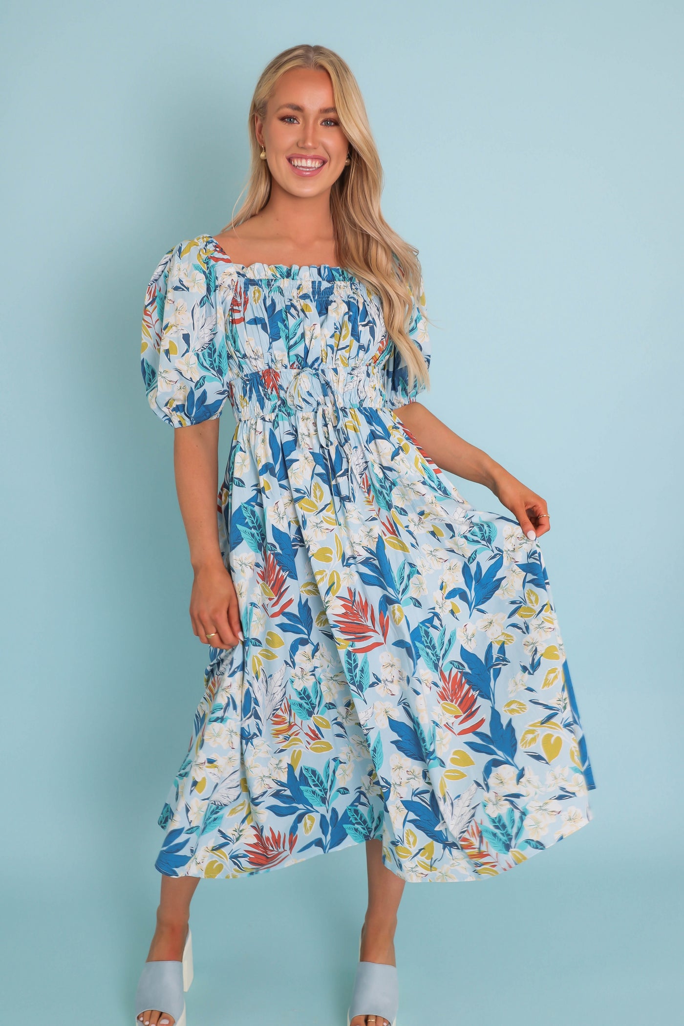 Women's Tropical Print Midi Dress- Women's Puff Sleeve Midi Dress- &Merci Printed Dresses