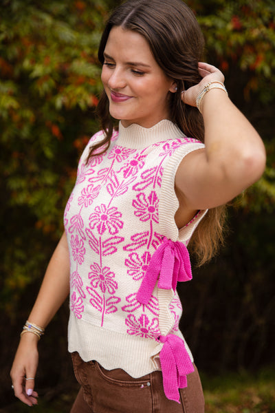 Pink Flower Sweater Vest- Women's Side Bow Sweater Vest- &Merci Sweaters